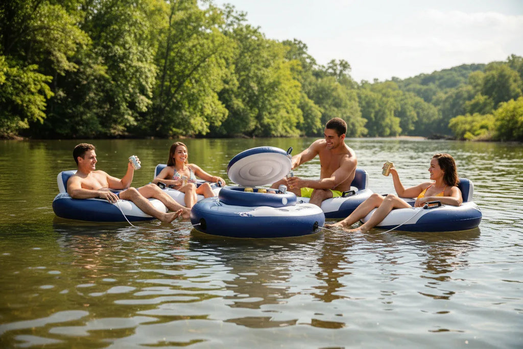 Intex Mega Chill Floating Cooler connected to River Run tubes on calm river friends grabbing cold drinks