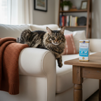 Healthy shiny-coated cat lounging on couch next to omega-3 pet supplement, coat and skin health lifestyle