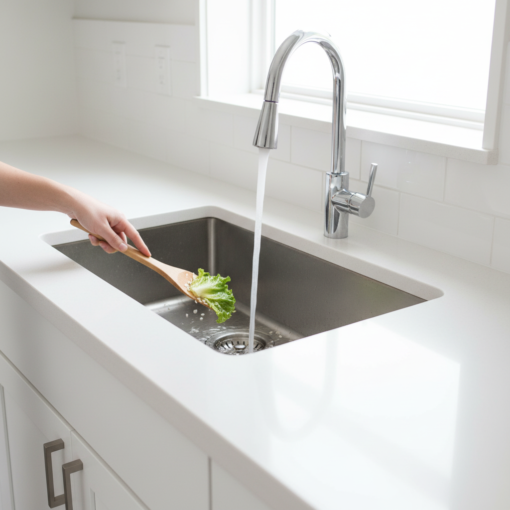 Homeowner rinsing light food scraps down stainless steel kitchen sink drain with water running