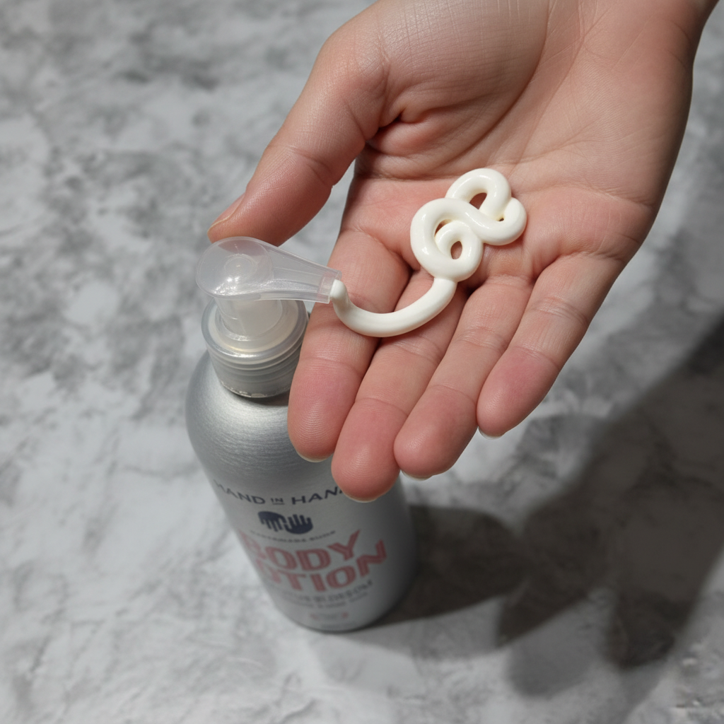 Rich white creamy lotion being dispensed from a pump bottle into a cupped hand in soft natural light