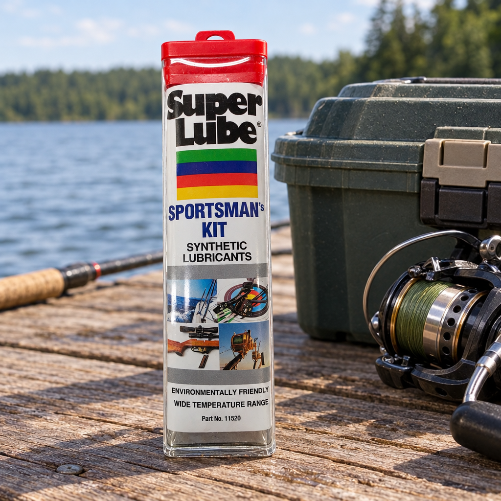 Super Lube Sportsman's Kit travel tube on a fishing dock beside a tackle box and reel. At least one real product photo taken by Chad is included in the gallery. Remaining images are AI-generated lifestyle photos for visual context only. Minor label or packaging variation may occur between matching stocked units.