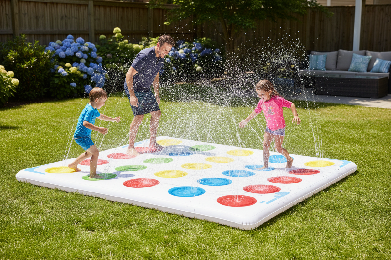 Twister Splash game mat set up on backyard lawn family playing getting soaked water spraying