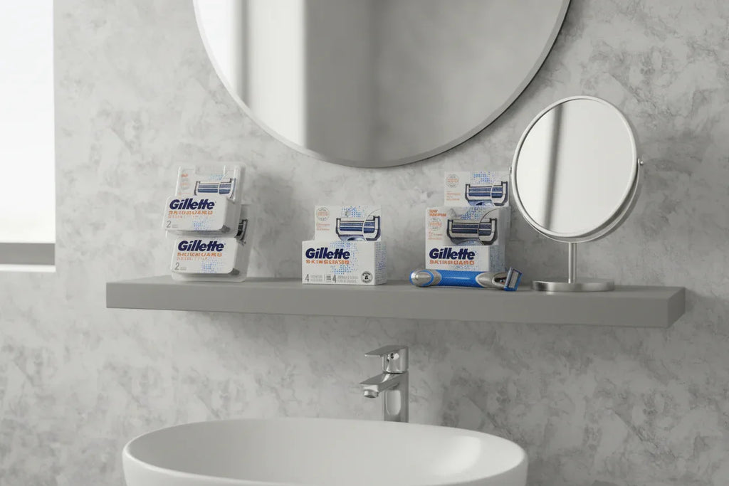 Gillette SkinGuard Sensitive cartridges on bathroom shelf men's grooming lifestyle