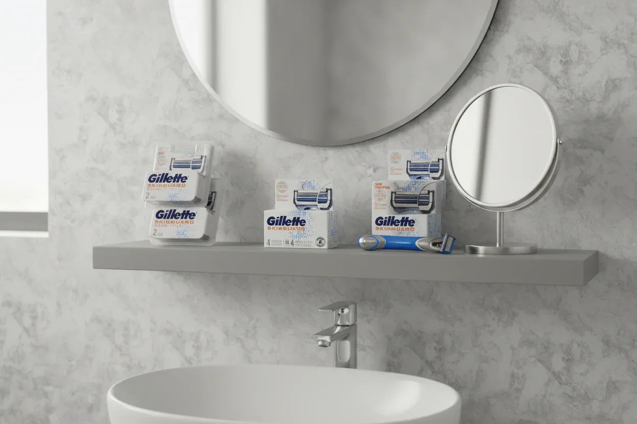 Gillette SkinGuard Sensitive cartridges on bathroom shelf men's grooming lifestyle