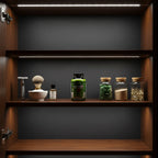 Irwin Naturals Prosta-Strong RED bottle in dark wood man-cave wellness cabinet with shaving essentials