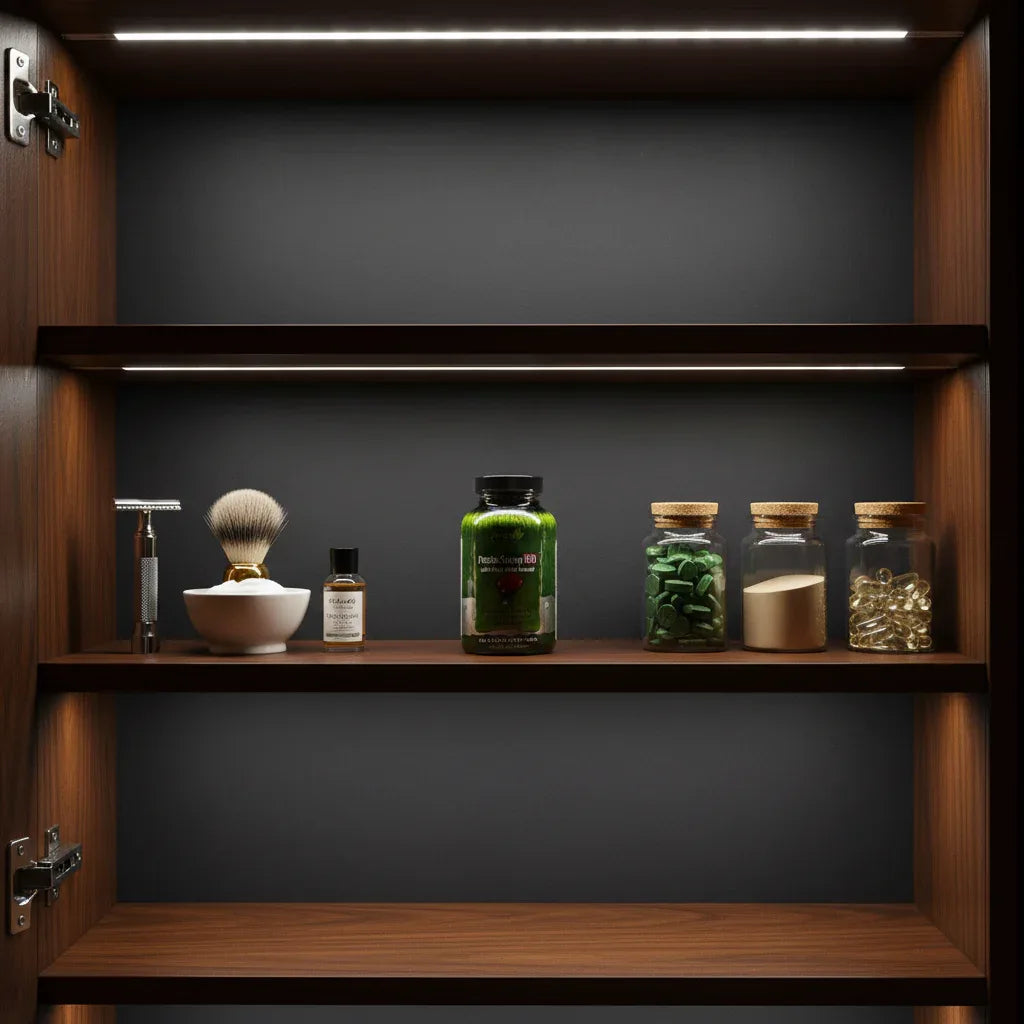 Irwin Naturals Prosta-Strong RED bottle in dark wood man-cave wellness cabinet with shaving essentials