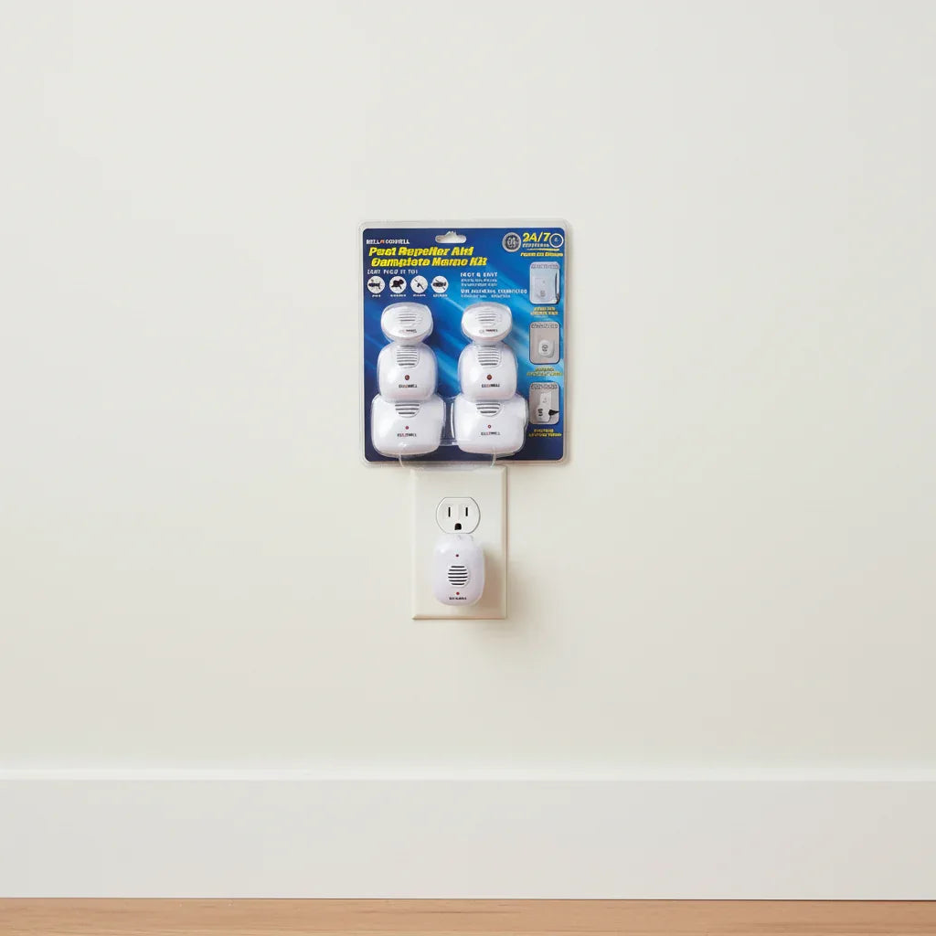 Bell+Howell Pest Repeller Aid plugged into clean residential wall outlet in modern home setting with bright lighting.