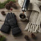 Heat Holders black thermal gloves winter flat lay with thermos and pine cones on rustic wood — More4less Outlet