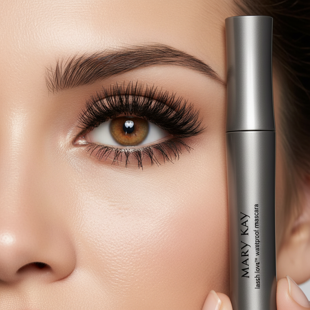 Close-up of woman's eye with voluminous fanned-out black lashes holding Mary Kay Lash Love Mascara