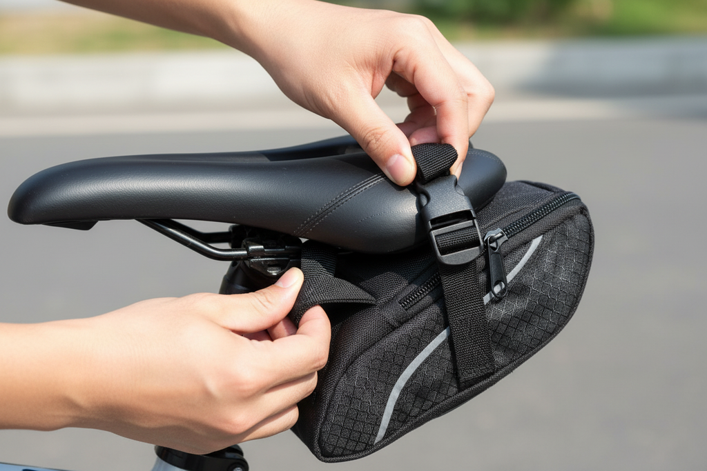 Hands clipping Schwinn bicycle seat pack onto bike saddle rail with tool-free buckle strap — easy no-tool attachment and removal
