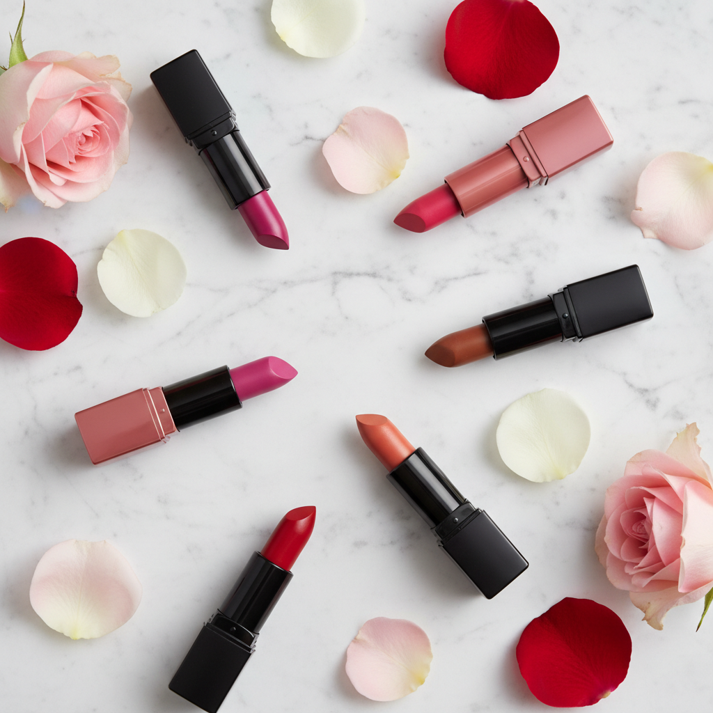 Flat lay of jewel-tone lipstick bullets in pink, red, mauve, and truffle on marble