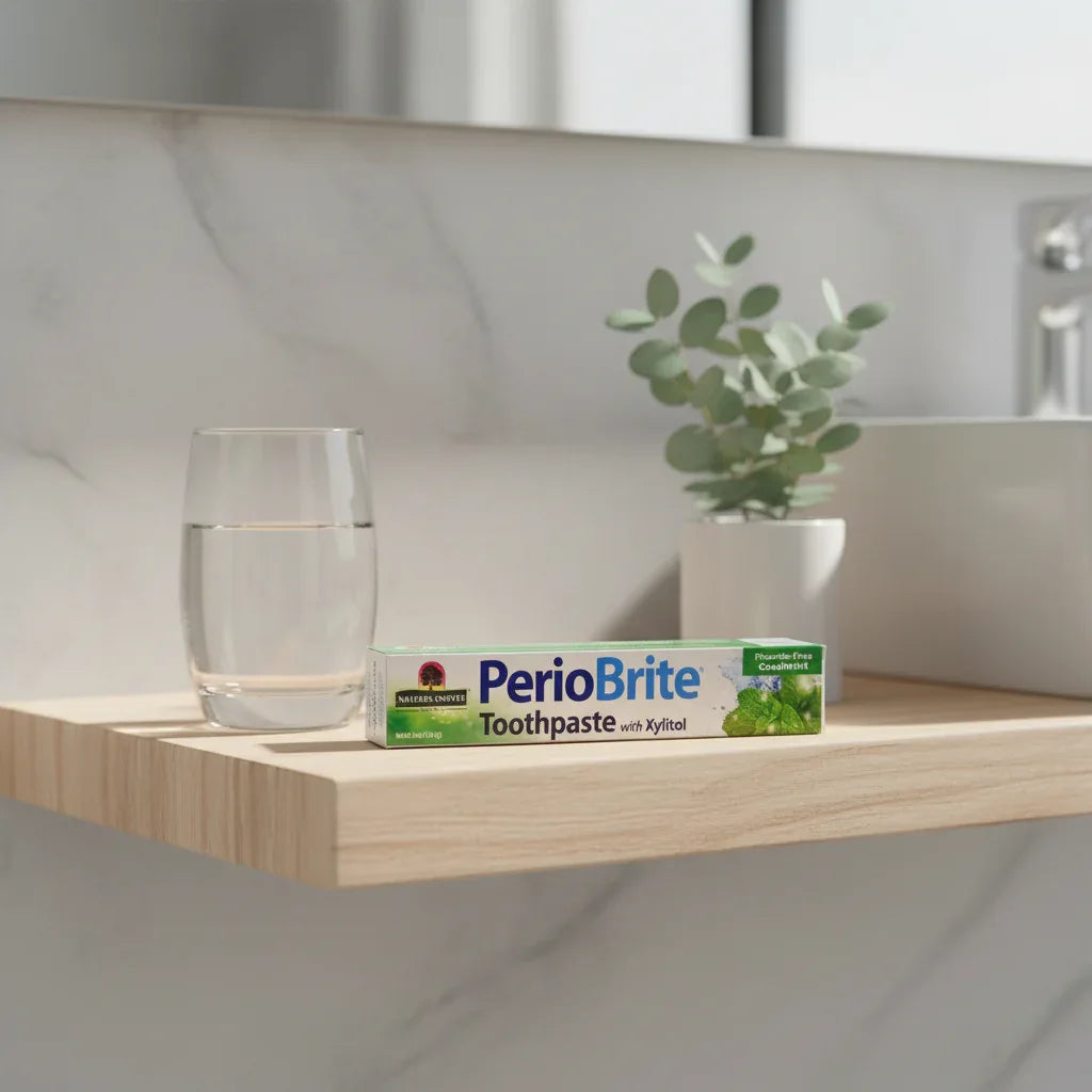 Nature's Answer PerioBrite Coolmint Toothpaste 3-Pack on modern light-wood floating bathroom shelf with water tumbler and eucalyptus plant