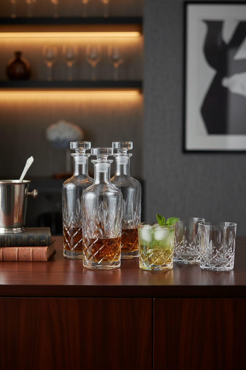 Professional home bar setup with glass decanters and Riedel Spey crystal whisky tumbler sets on dark wood surface