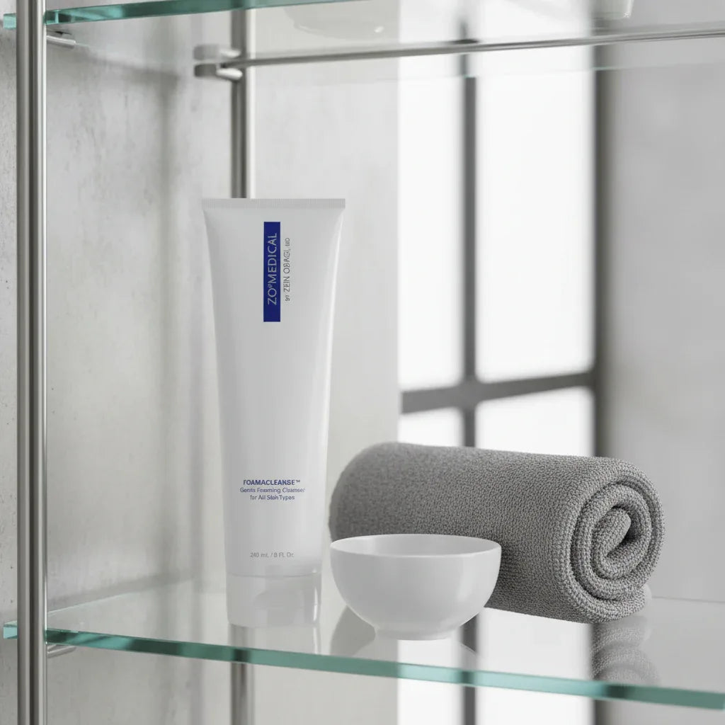 ZO Medical Foamacleanse on glass bathroom shelf with gray towel and porcelain bowl