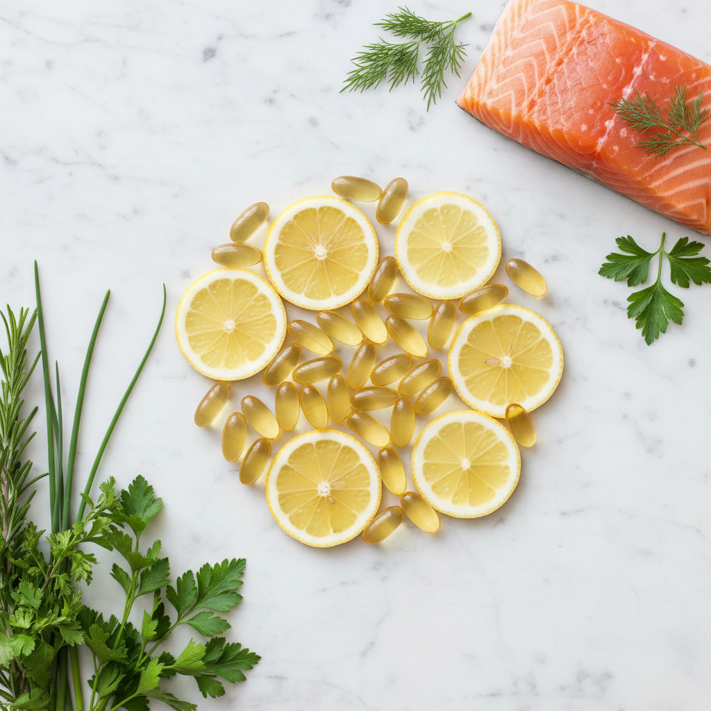 Flat lay of omega-3 softgels with fresh lemon slices, wild salmon, and herbs on white marble