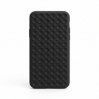 Studio shot of black silicone phone case with grid of suction cups on back on white background