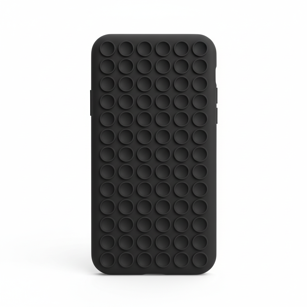 Studio shot of black silicone phone case with grid of suction cups on back on white background