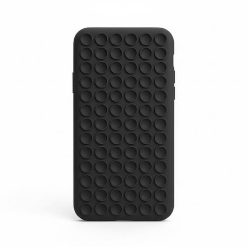 Studio shot of black silicone phone case with grid of suction cups on back on white background