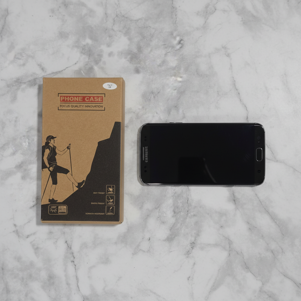 Overhead flat lay of rugged phone case retail packaging next to Samsung Galaxy S8 showing size compatibility