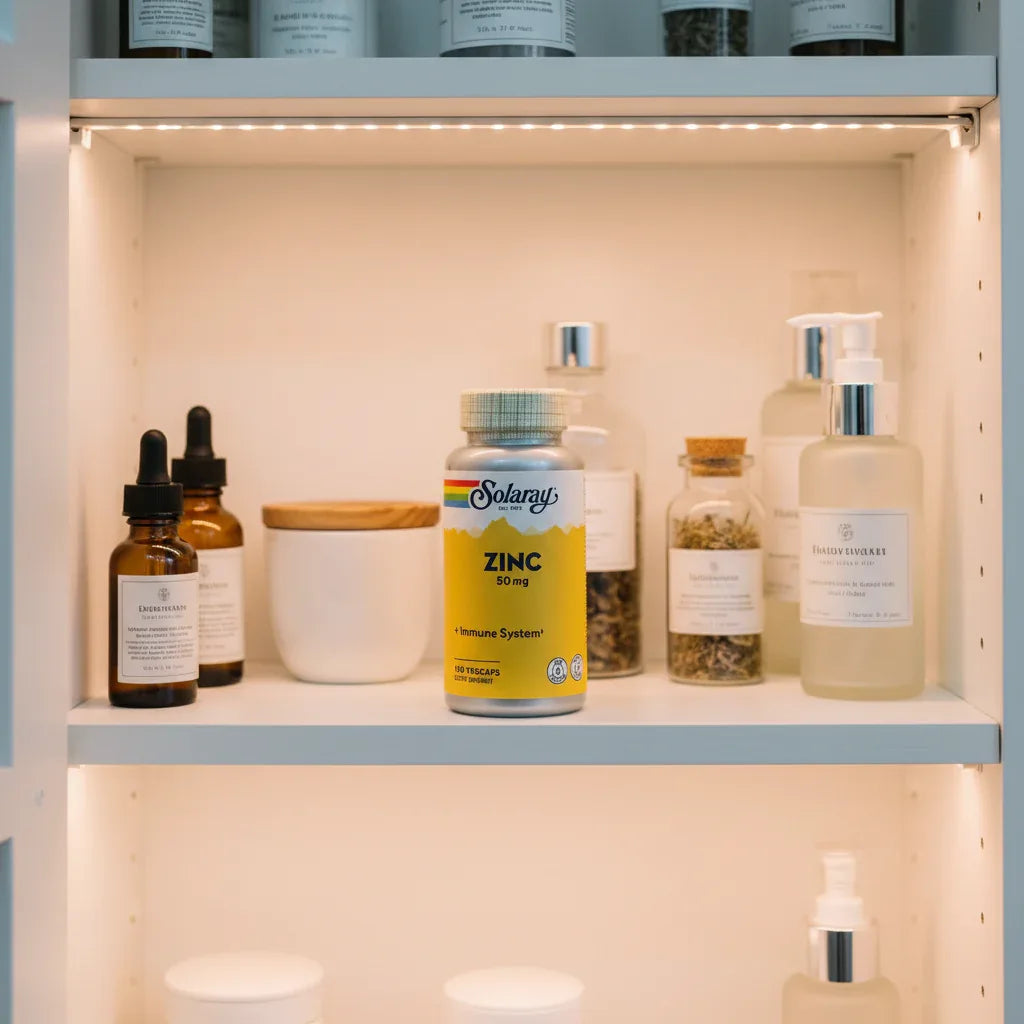 Solaray Zinc 50mg bottle inside organized white wooden medicine cabinet with premium apothecary containers and soft interior shelf lighting
