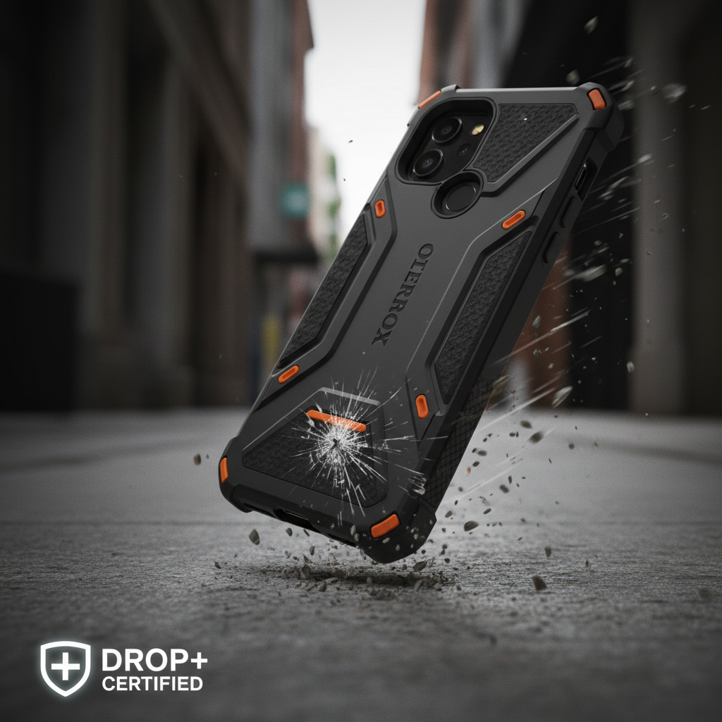 Dynamic action shot of black rugged phone case surviving a drop illustrating OtterBox DROP+ certified protection