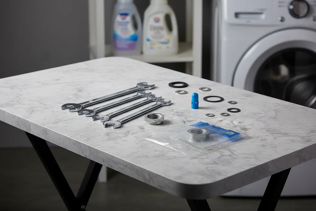 Laundry room utility table with wrenches and replacement washer parts arranged neatly