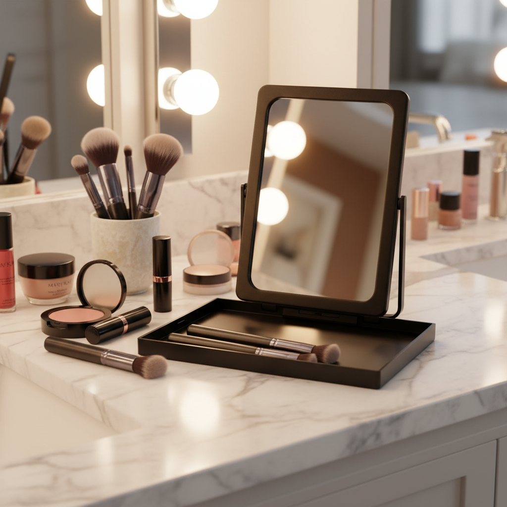 Mary Kay Face Case Mirror on a marble vanity countertop surrounded by makeup brushes and cosmetics, warm vanity lighting.