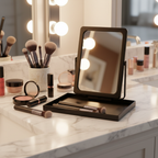 Mary Kay Face Case Mirror on a marble vanity countertop surrounded by makeup brushes and cosmetics, warm vanity lighting.