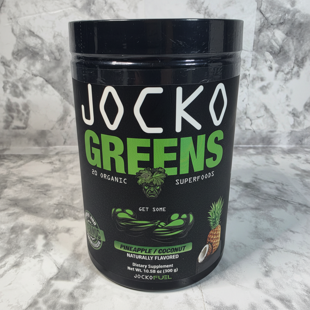Close detail of the sealed Jocko Fuel Jocko Greens Pineapple Coconut 300 g canister