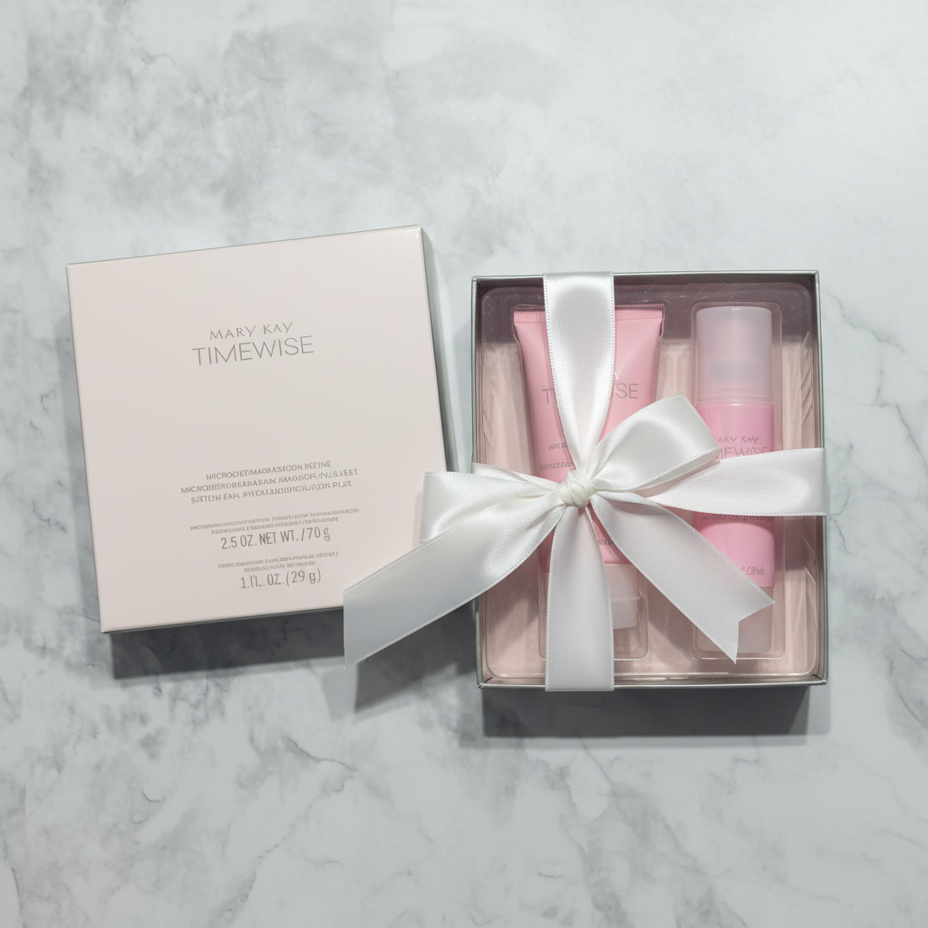 Mary Kay TimeWise Microdermabrasion Plus Set in pink gift box with white ribbon on marble as gift-worthy skincare set