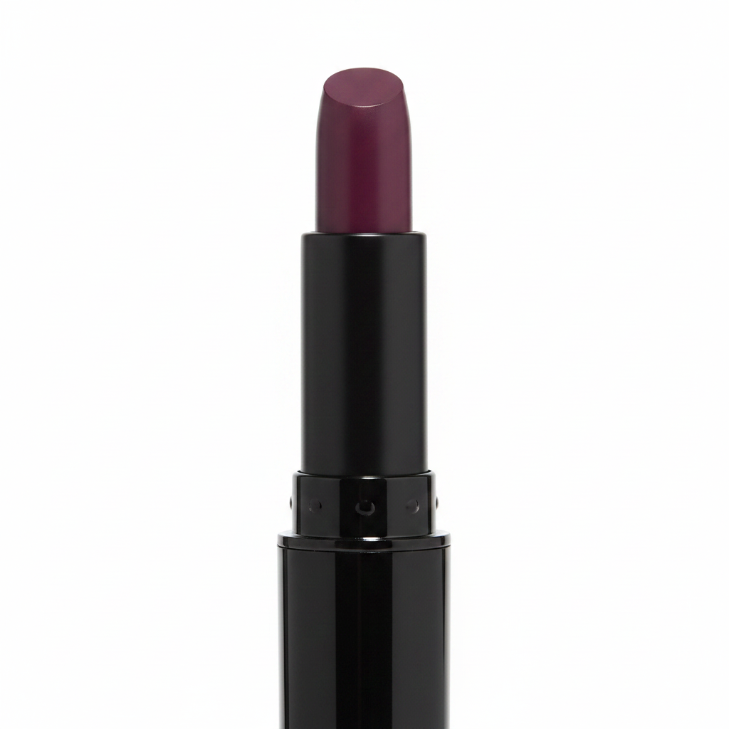 Close-up of Mary Kay Lip Suede Lipstick Mulberry Muse — black gloss tube with deep berry-purple bullet extended on a clean white background showing rich pigment color