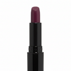 Close-up of Mary Kay Lip Suede Lipstick Mulberry Muse — black gloss tube with deep berry-purple bullet extended on a clean white background showing rich pigment color