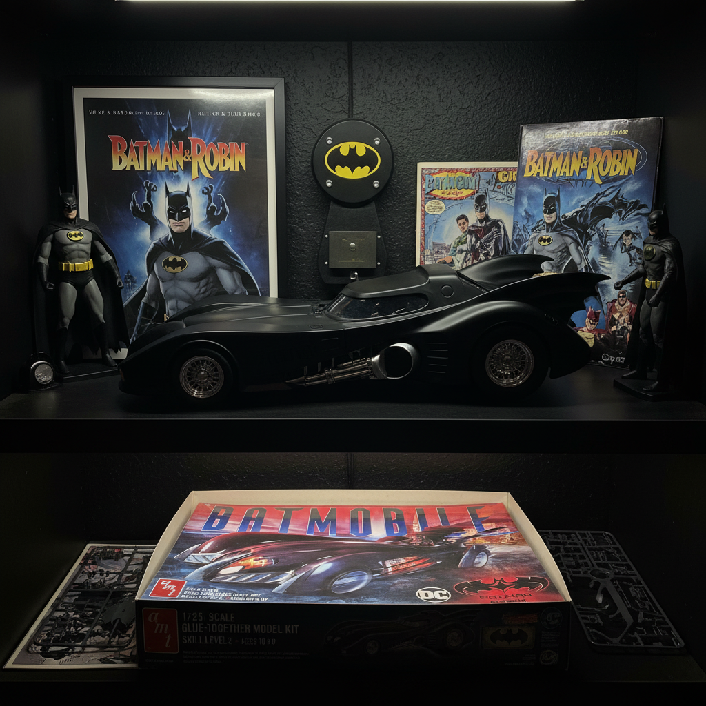 AMT 1/25 scale Batman and Robin Batmobile model kit assembled and displayed on collector shelf alongside Batman memorabilia and DC Comics items