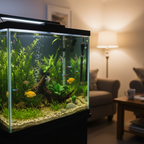 Aqueon Pro 200W heater submerged in large 75 gallon planted freshwater aquarium with tropical fish, living room lifestyle
