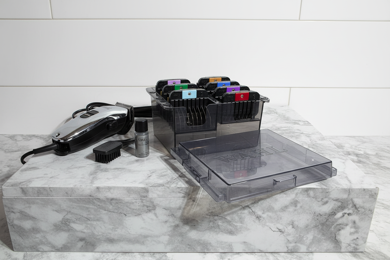 Wahl 8-piece color-coded clipper guide comb set in storage case on barbershop counter with Wahl clipper – More4less Outlet