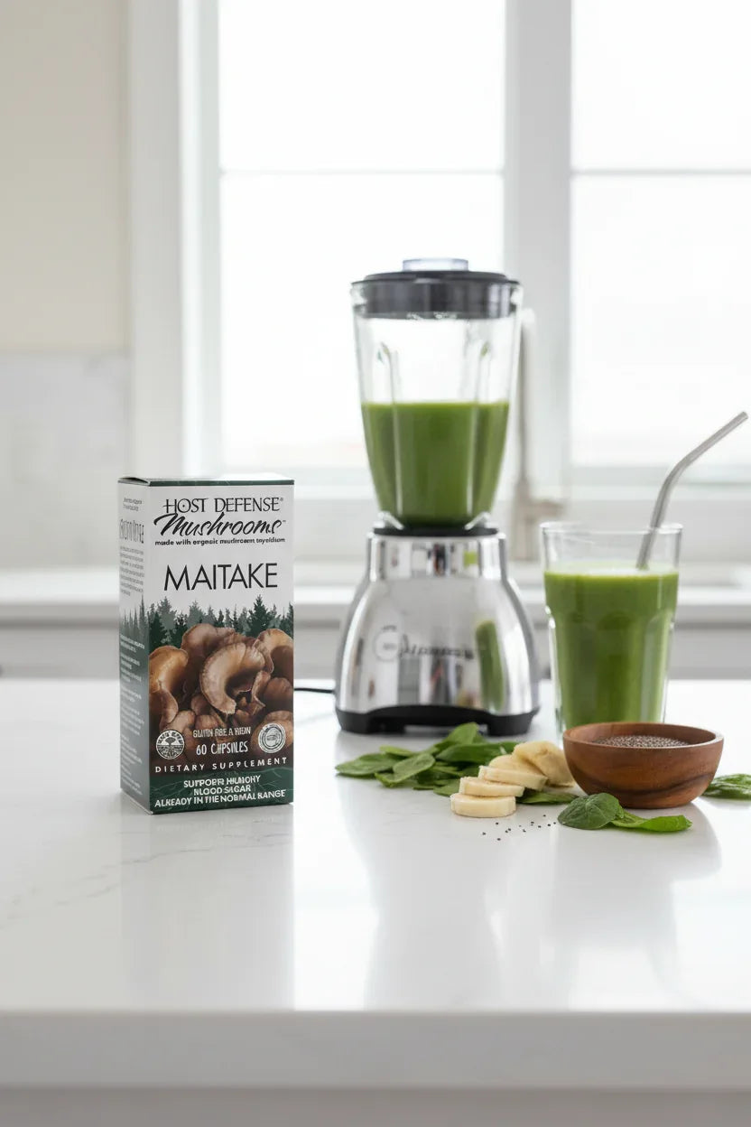 Host Defense Maitake Mushroom 60ct on white quartz kitchen island with smoothie station under morning light — More4less Outlet