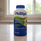 Phillips Fiber Good Gummies Prebiotic Fiber 90-count bottle on a neutral counter near a window