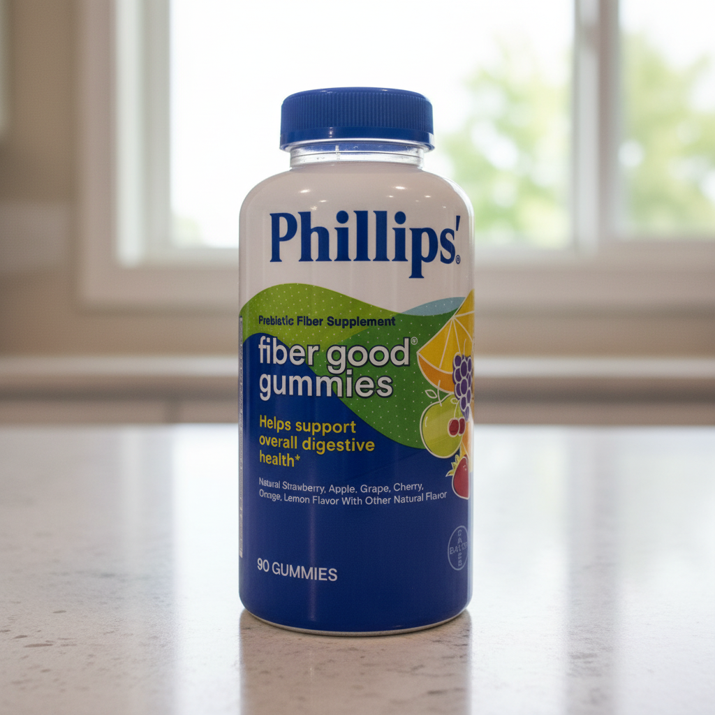 Phillips Fiber Good Gummies Prebiotic Fiber 90-count bottle on a neutral counter near a window