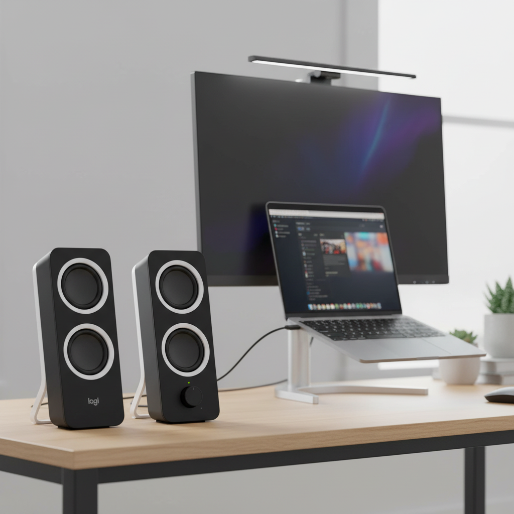 Logitech Z200 speakers on modern minimalist computer desk next to sleek laptop and metal monitor stand