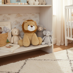 Animal Adventure Lion Plush sitting on child bedroom shelf with soft neutral nursery decor - More4less Outlet