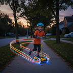 Young child riding yellow and blue scooter with glowing LED wheels at dusk — Mongoose Force 1.0 lifestyle — More4less Outlet