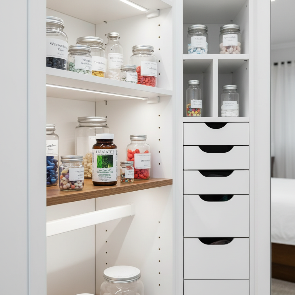 Innate Response Men Over 40 Multivitamin in white apothecary health closet with modern lighting and clear glass vitamin containers