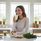 Woman drinking a glass of milk in a bright kitchen, healthy bone wellness lifestyle