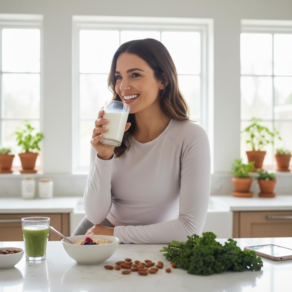 Woman drinking a glass of milk in a bright kitchen, healthy bone wellness lifestyle
