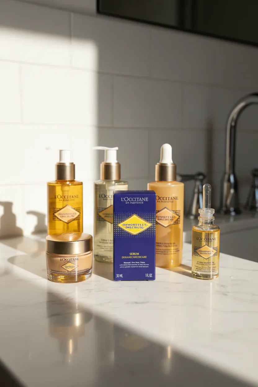 Natural sunlight reflecting off premium facial care products on a white marble bathroom countertop