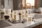Organized spa-style bathroom setup featuring luxury shaving essentials and skincare with purple berry accents on white marble