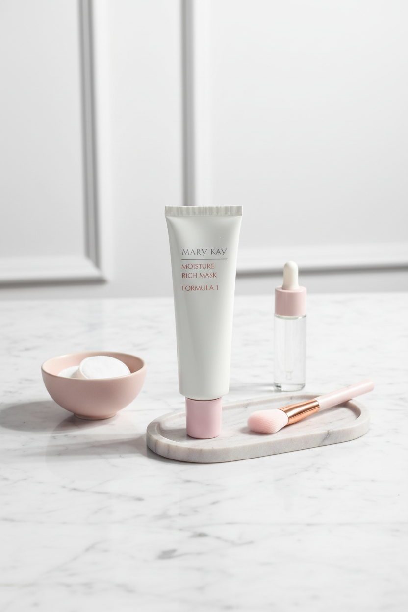 Mary Kay Moisture Rich Mask Formula 1 on sleek vanity with pink beauty accessories on white marble