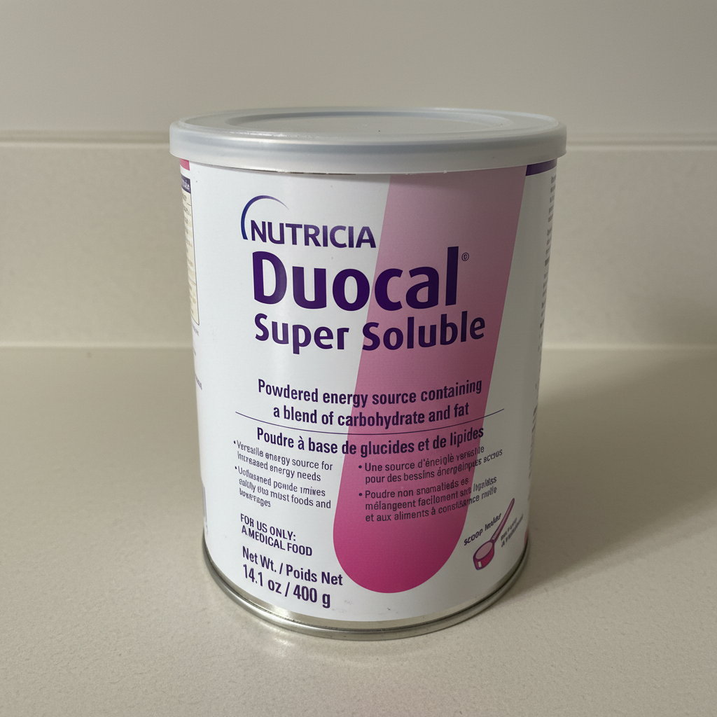 Nutricia Duocal Super Soluble 400 g can on a neutral countertop