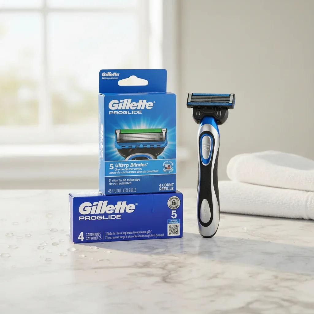 Gillette ProGlide razor blade refills displayed on modern bathroom countertop with razor handle