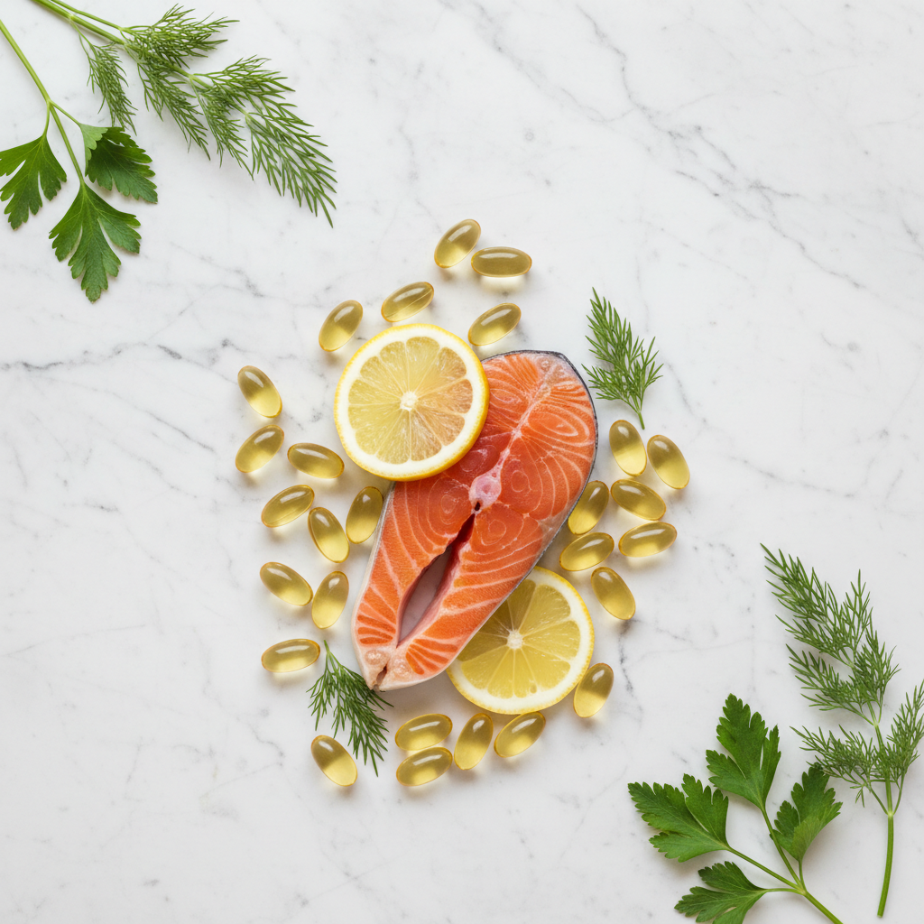 Flat lay of omega-3 fish oil softgels with fresh wild salmon and lemon slices on white marble